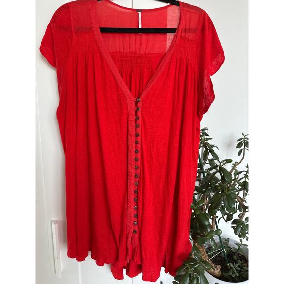 Free People Highland V-Neck Linen Blend Short Sleeve Fit Tunic, Red, Size M - Picture 1 of 7